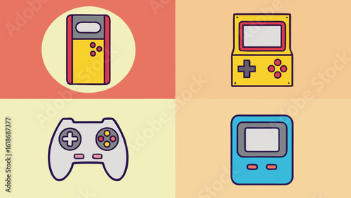Retro gaming devices and controller collection flat design