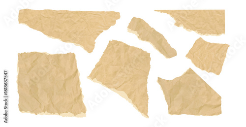 Collection of crumpled, torn paper cutouts with cardboard style. Organic and biodegradable look suited for school collage designs, crafts, or retro eco-themed visuals. Vector set of rip note paper