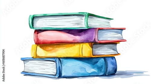 A vibrant watercolor illustration showcases a stack of four colorful books; each book displays a unique hue and texture, creating a visually appealing and artistic representation