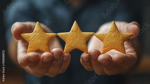 Three gold stars held in hands.