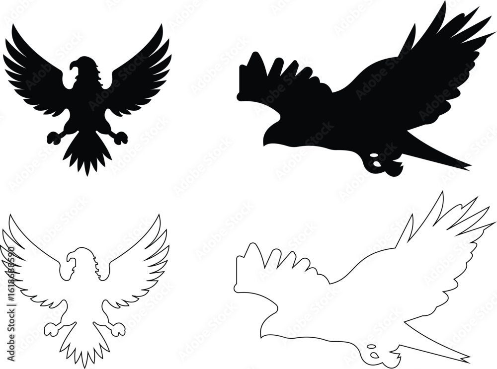 Fototapeta premium Eagle Vector Illustration icon set, Black and White Silhouettes. Different Eagle Poses, Perfect for Logos, Designs, and More. bald eagle powerful wings spread wide soaring on transparent background