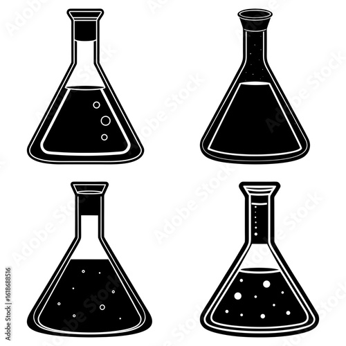 Four black and white conical flasks filled with liquid with varying levels and bubble presence shown