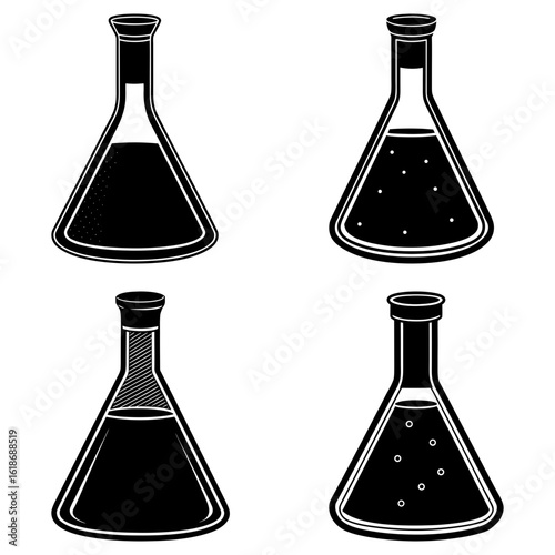 Four black and white conical flasks with different liquid densities and bubble distributions shown clearly