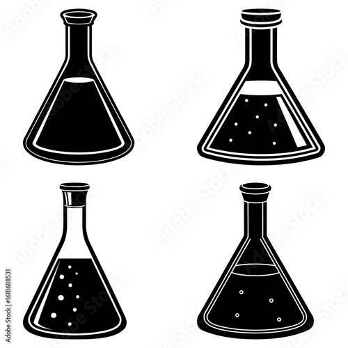 Illustration of four conical flasks with varying liquid levels and bubble distributions shown in black