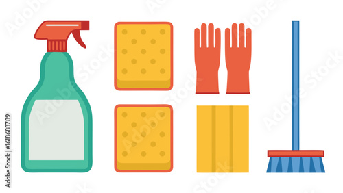 Flat design cleaning supplies collection with spray bottle and broom