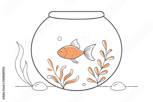 Line Drawing of Elegant Goldfish in Bowl Minimalist Vector