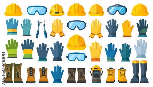 Construction safety gear set, helmets, gloves, boots, and protective eyewear for workers