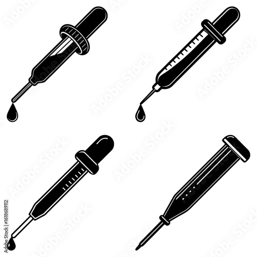 Four black and white illustrations of pipettes with liquid drops in a vector graphic design style