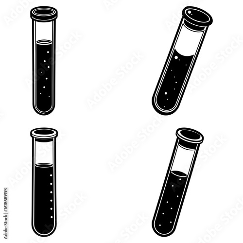 Four black and white test tubes with liquid and bubbles in various orientations on a white background