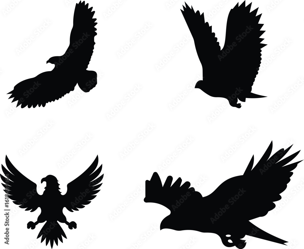 Obraz premium Eagle Vector Illustration icon set, Black and White Silhouettes. Different Eagle Poses, Perfect for Logos, Designs, and More. bald eagle powerful wings spread wide soaring on transparent background
