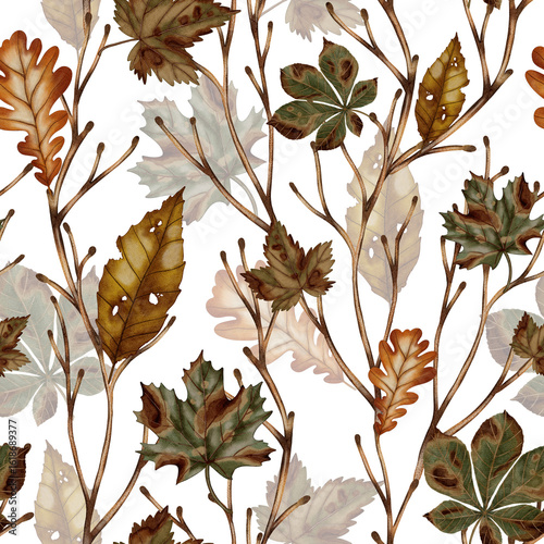 Hand-painted watercolor seamless pattern with fall leaves. Perfect for seasonal textile design, wrapping paper, and autumn-themed projects.