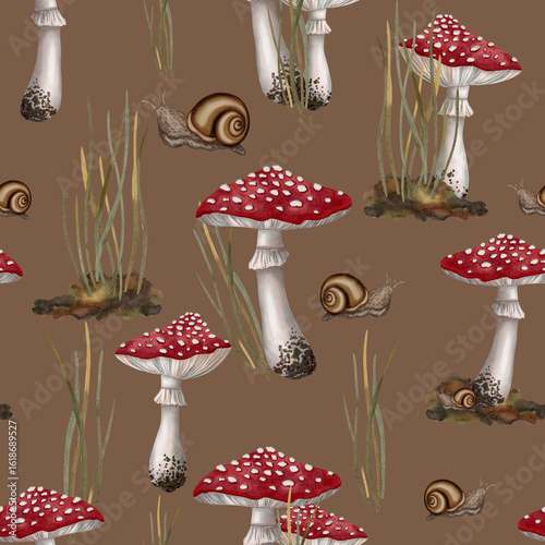 Seamless watercolor pattern with red fly agaric mushrooms, snails, and forest grass. Ideal for wrapping paper, textiles, and nature-themed designs.