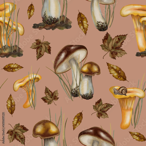Hand-painted watercolor seamless pattern with chanterelle mushrooms, boletes, autumn leaves, and snails. Great for textile and seasonal design projects.