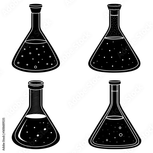 Four black and white conical flasks filled with liquid and bubbles for science and chemistry experiments
