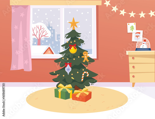 Cozy Christmas interior. Festive Xmas mood, spirit, vibe . Christmas tree with Christmas presents gifts around