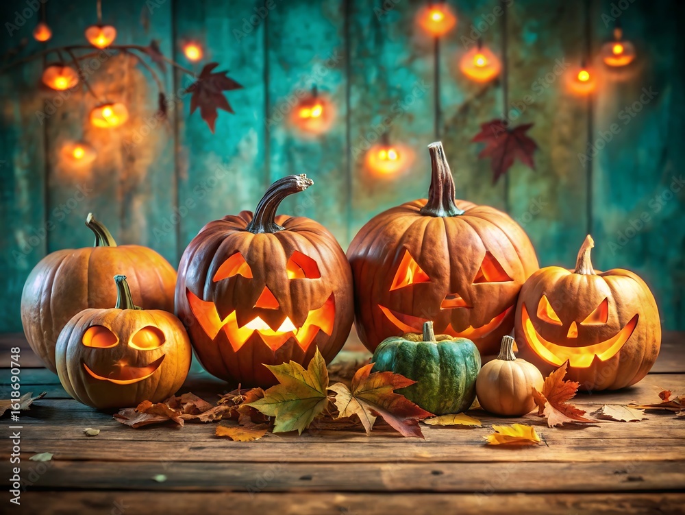 Fototapeta premium Illuminated jackolanterns and autumn leaves create a festive halloween scene