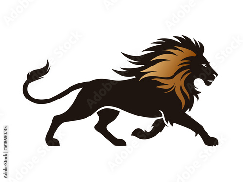 Powerful Lion Walking Vector Logo , Black and Gold Animal Illustration