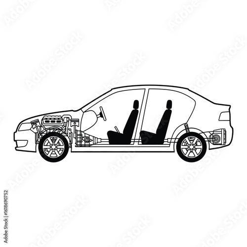 Detailed vector schematic of a car's internal components, a visual guide for Content-Type application/json technical data.
