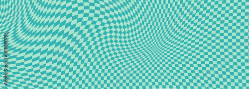 Psychedelic vector wallpaper with a turquoise and mint green checkerboard tile pattern. A crazy 50s retro game style design, perfect for disco prints, modern ornament, and hand art.