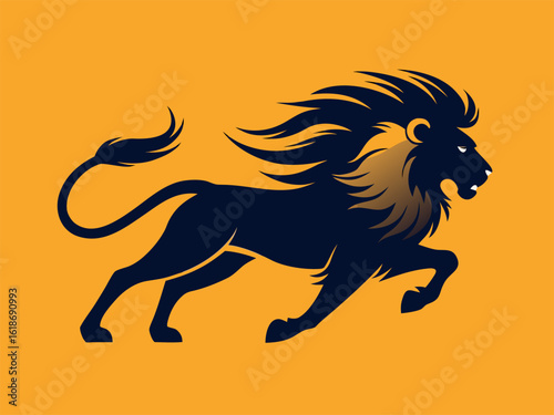 Powerful Lion Walking Vector Logo , Black and Gold Animal Illustration