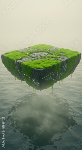Mystical floating island with lush green moss and glowing circuits above calm water