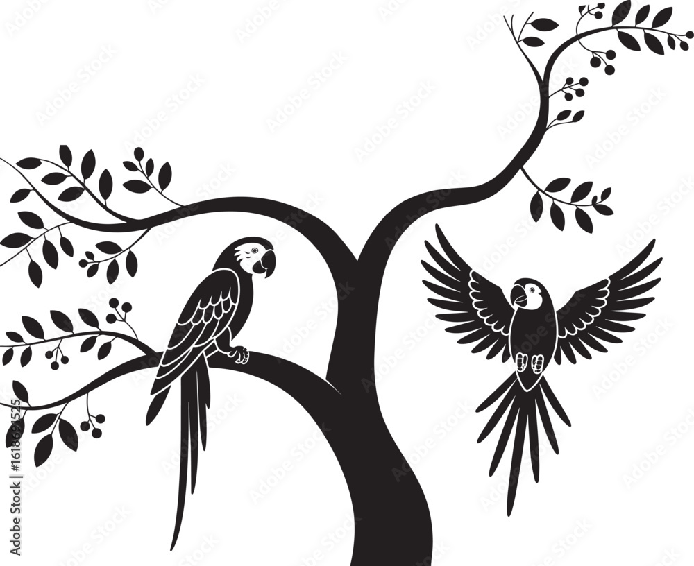 Fototapeta premium Stylized black and white vector illustration of parrots on a tree macaw bird