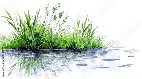 A high-quality generative AI watercolor painting depicts lush green reed grass reflected in calm water creating a serene and tranquil natural scene perfect for design projects