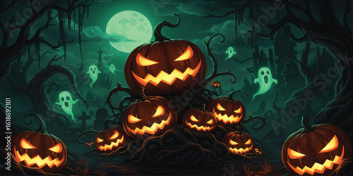 A vibrant Halloween scene featuring numerous jack-o'-lanterns, glowing with warm orange light, nestled amongst dark, gnarled tree roots and branches.
