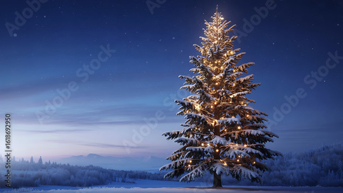 Illuminated christmas tree in a snowy winter landscape at dusk