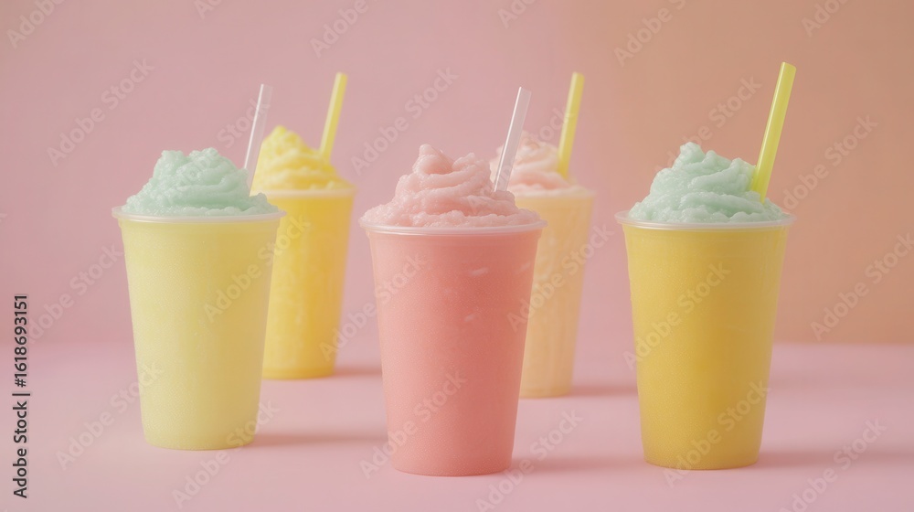 Colorful Frozen Beverages Display on Pastel Background Colorful Frozen Beverages Display on Pastel Background