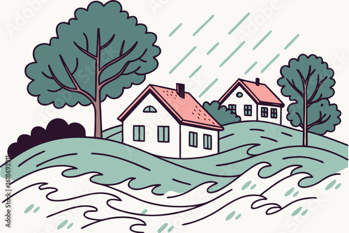 Watch out for overflowing rivers during storm season, modern flat illustration style