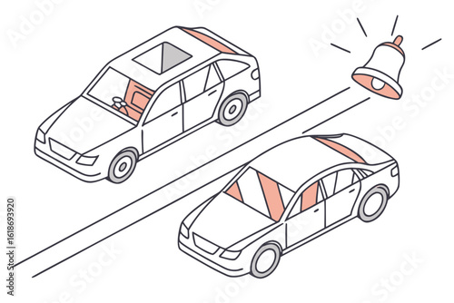 Vehicles equipped with seatbelt warning lights and chimes, illustrated as friendly nudges rather than annoyances, modern flat illustration style