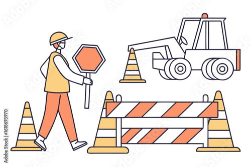 Workzones with cones, flagger holding stop sign, reduced speed signs, heavy machinery separated by barriers, modern flat illustration style