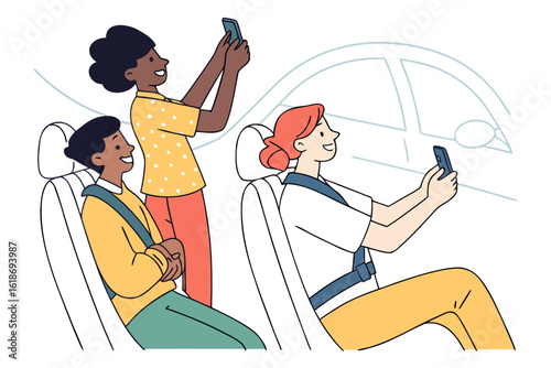 Young adult influencers creating social content that normalizes buckling up every single ride, modern flat illustration style