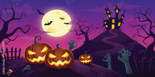 A vibrant Halloween illustration featuring a hilltop graveyard scene under a full moon.