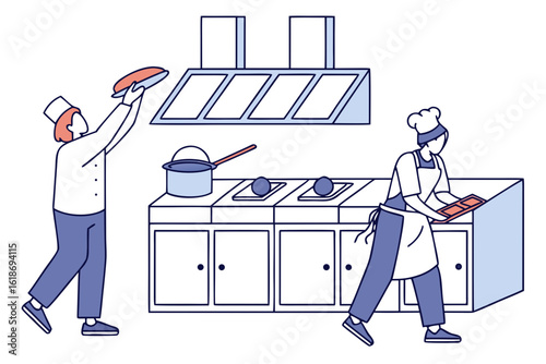 Restaurant kitchen staff training on hood suppression activation and daily grease filter cleaning, modern flat illustration style