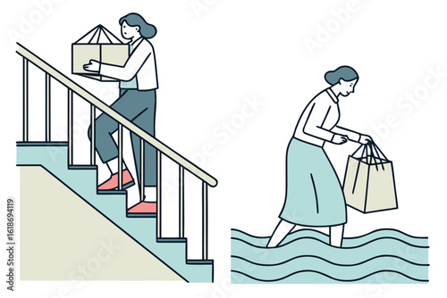 Relocate valuables to upper floors during flood risk, modern flat illustration style