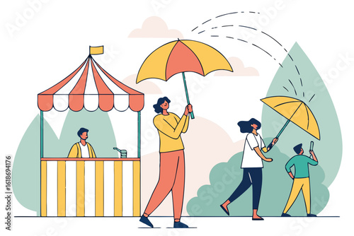 Show festival-goers staying cool with umbrellas and mist sprayers, modern flat illustration style