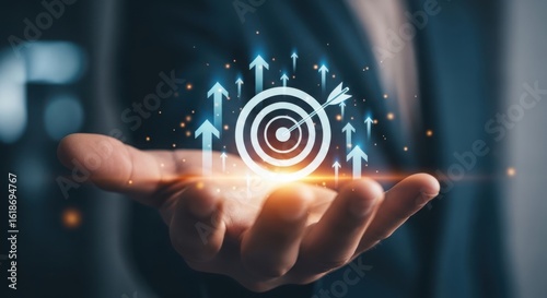 A businessman presents a target with upward arrows, symbolizing business goals and success strategy