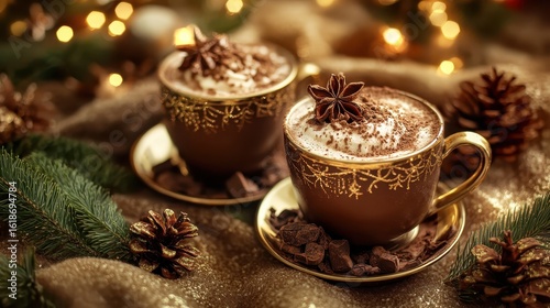 Wallpaper Mural Cozy Hot Chocolate with Whipped Cream and Spices on Golden Plates Torontodigital.ca