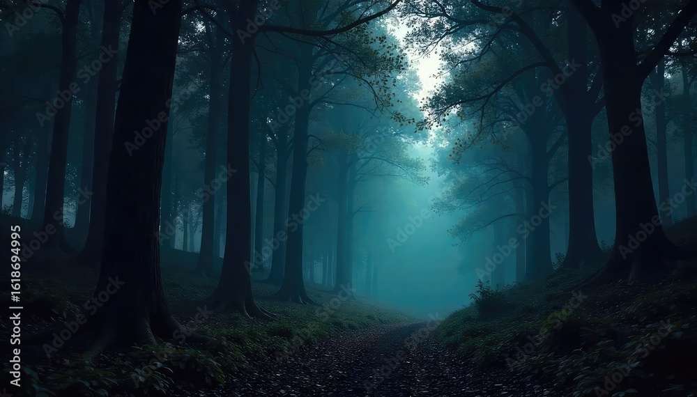 Fototapeta premium Eerie Twilight Forest Ancient Trees Loom in Mysterious Shadowy Depths, Perfect for Fantasy or Horror