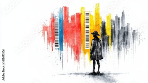 A watercolor painting depicts a woman observing a cityscape rendered as colorful barcode-like structures symbolizing global shipping and the tracking of parcels before shipment.