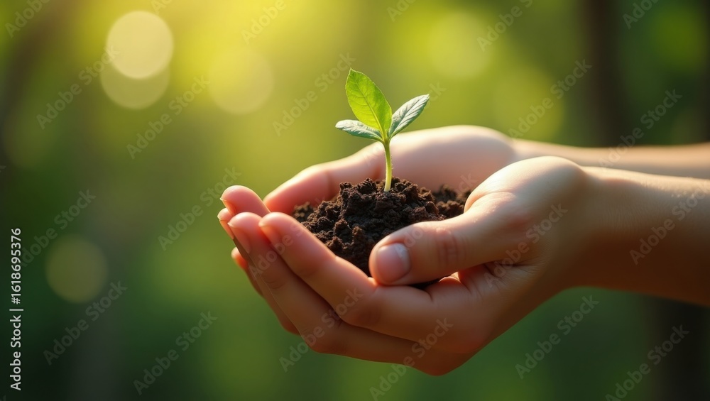 Caring Hands Holding a Young Plant Sapling in Rich Soil with Soft Sunlight Caring Hands Holding a Young Plant Sapling in Rich Soil with Soft Sunlight