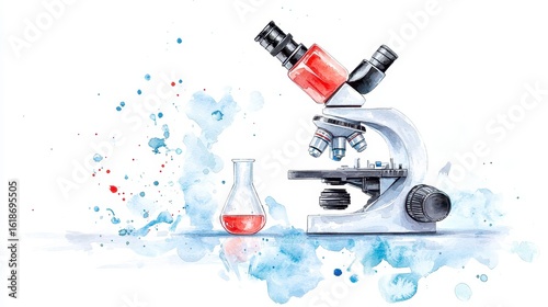 A detailed watercolor illustration depicts a scientific microscope and Erlenmeyer flask filled with red liquid showcasing scientific research data analysis in a laboratory setting