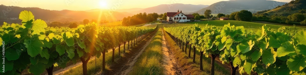 Obraz premium Sun-Drenched Grapevines Leading to a Charming Winery in Picturesque Vineyard