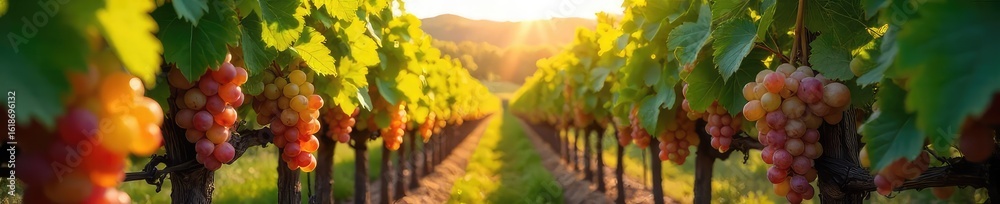 Fototapeta premium Sun-Ripened Grapes Hanging Heavy on the Vine A Picturesque Vineyard Harvest Scene