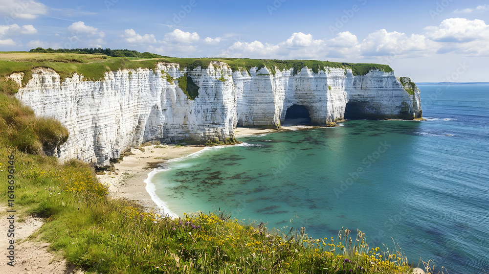 Fototapeta premium Coastal Cliffs And Bay With Green Hills Scenic View