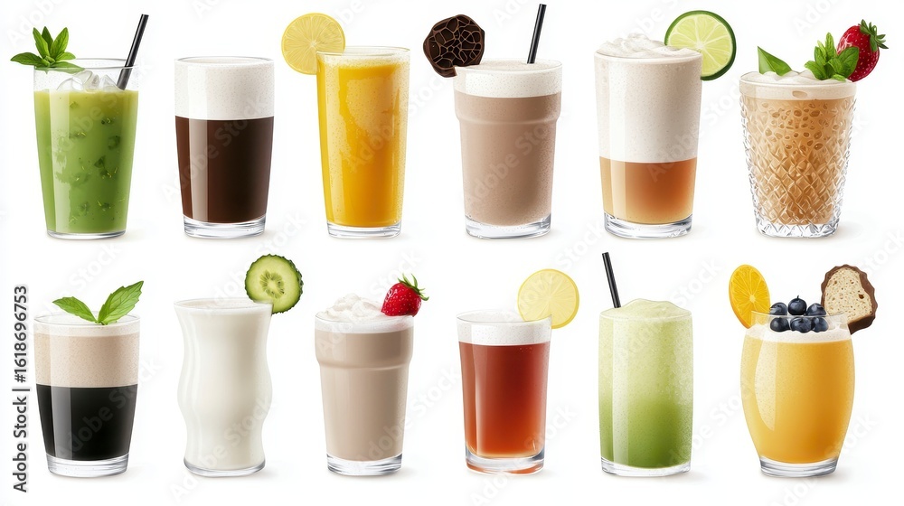 Fototapeta premium A vibrant collection of twelve meticulously crafted cartoon illustrations showcasing a delightful array of refreshing non-alcoholic beverages including herbal teas, fruit juices,