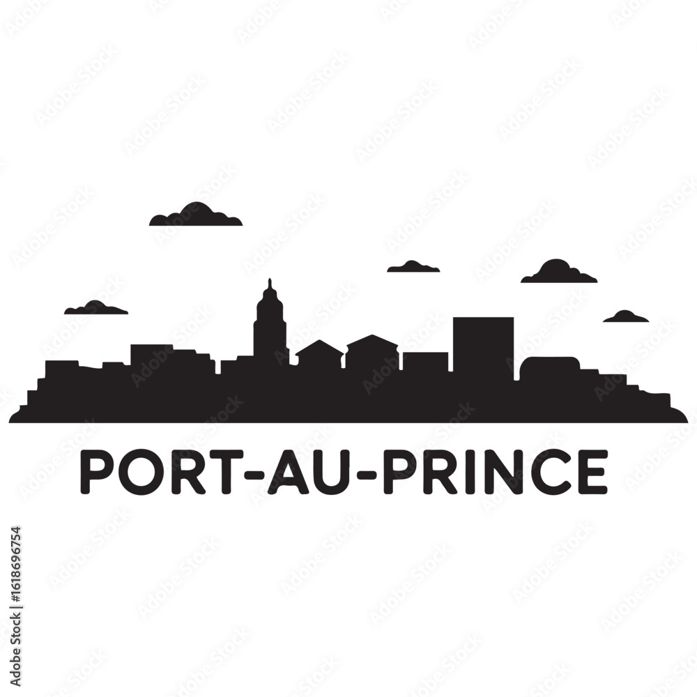 Obraz premium Port-au-Prince skyline horizontal banner. Port-au-Prince, Haiti. Vector template for your design. Vector black silhouette. with white background