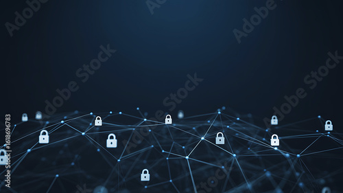 Digital security network with glowing locks and connections on a dark background